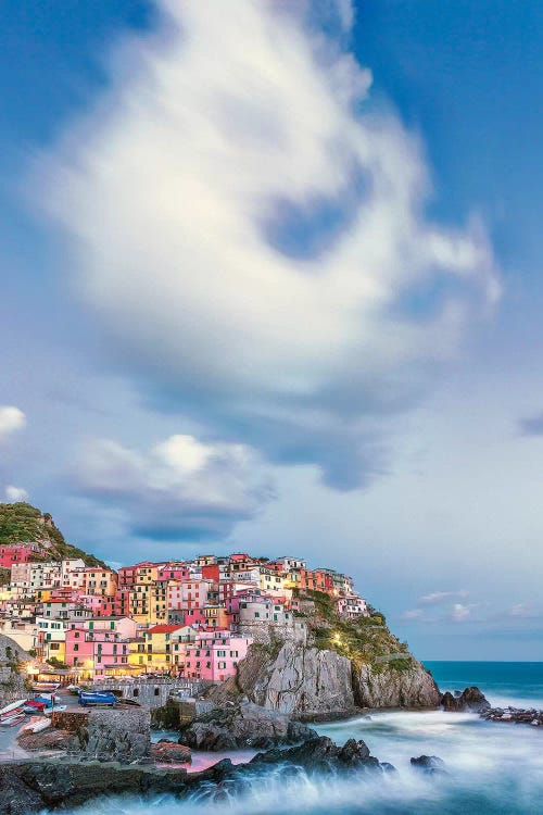 Italy, Manarola. Cloud over coastal town.  by Jaynes Gallery wall art