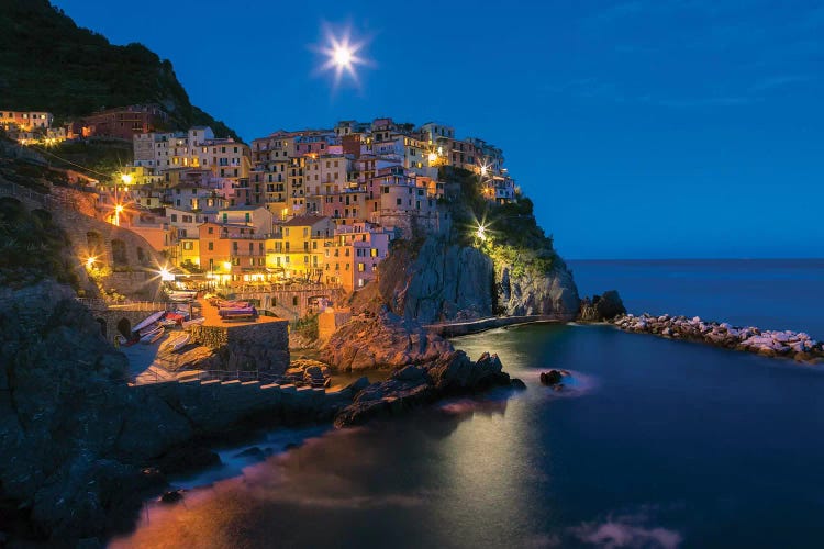 Italy, Manarola. Sunset on town.  by Jaynes Gallery wall art