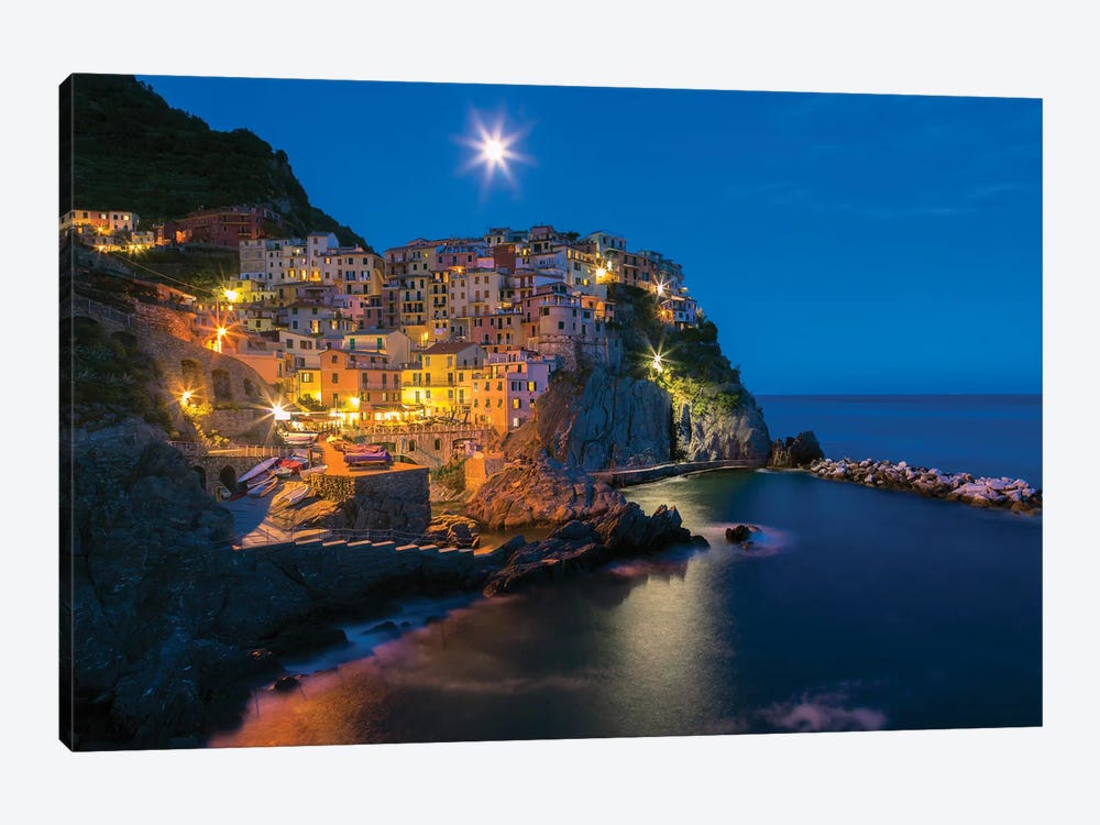 Italy, Manarola. Sunset on town.  by Jaynes Gallery 1-piece Canvas Wall Art