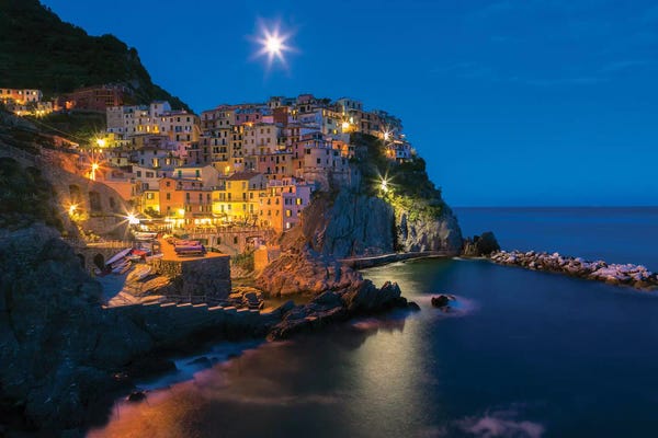 Liguria: Italy, Manarola. Sunset on town. by Jaynes Gallery