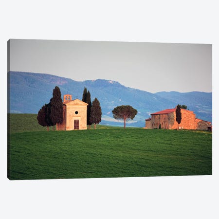 Italy, Tuscany, Val d'Orcia. Chapel of Vitaleta and house.  Canvas Print #JYG575} by Jaynes Gallery Canvas Artwork