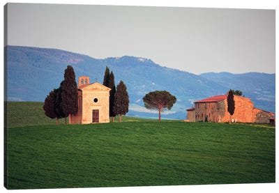 Italy, Tuscany, Val d'Orcia. Chapel of Vitaleta and house.  Canvas Art Print