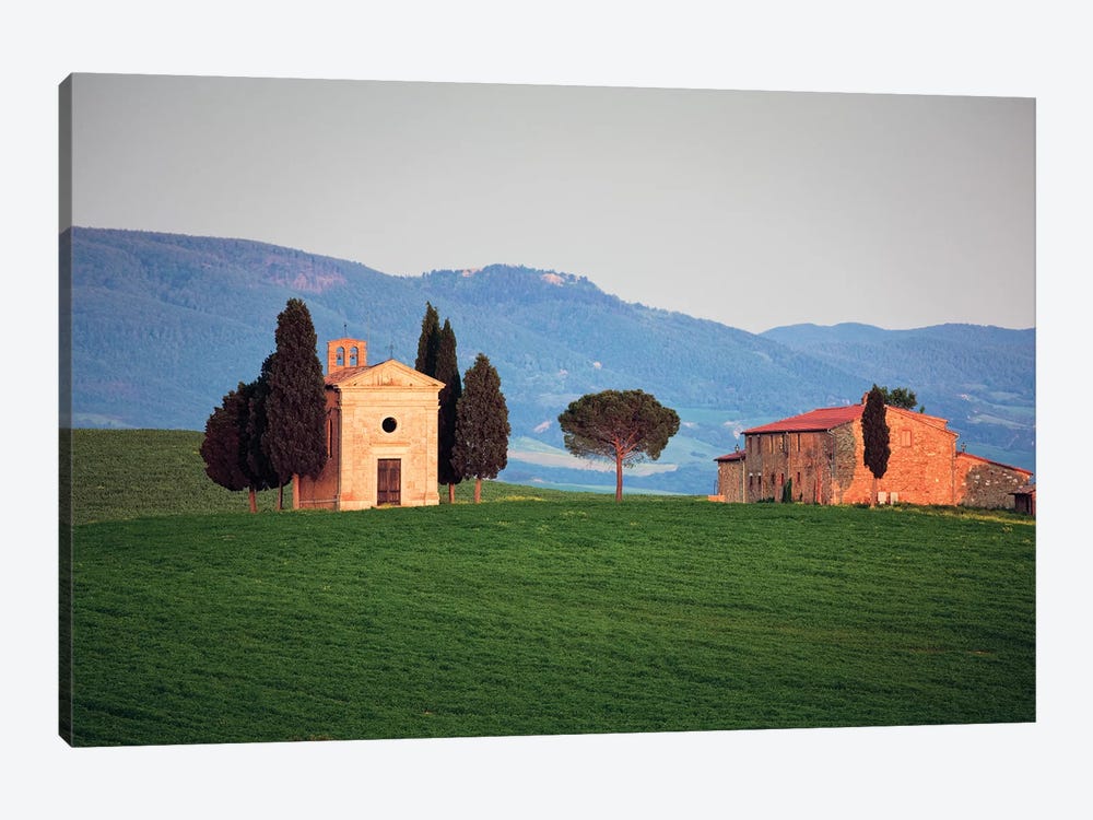 Italy, Tuscany, Val d'Orcia. Chapel of Vitaleta and house.  by Jaynes Gallery 1-piece Canvas Artwork
