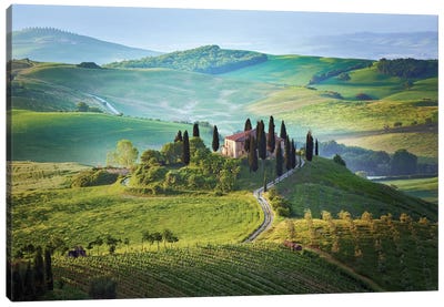 Italy, Tuscany, Val d'Orcia. Landscape with Podere Belvedere house.  Canvas Art Print - Jaynes Gallery