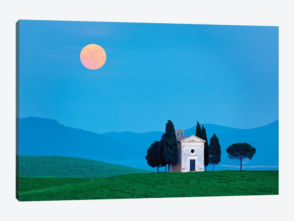 Italy, Tuscany, Val d'Orcia. Moonrise over Chapel of Vitaleta.  by Jaynes Gallery 1-piece Canvas Print