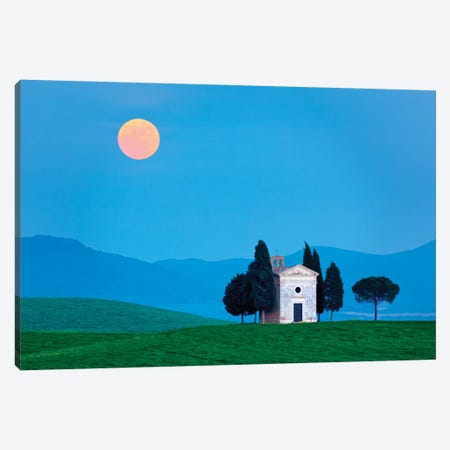 Italy, Tuscany, Val d'Orcia. Moonrise over Chapel of Vitaleta.  Canvas Print #JYG578} by Jaynes Gallery Canvas Print