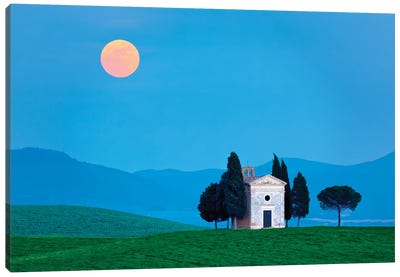 Italy, Tuscany, Val d'Orcia. Moonrise over Chapel of Vitaleta.  Canvas Art Print