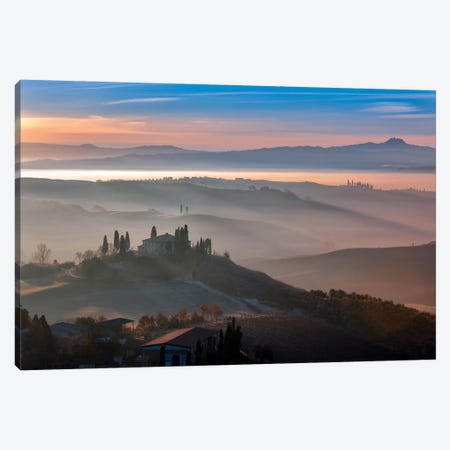 Italy, Val d' Orcia. Il Belvedere farmhouse at sunrise.  Canvas Print #JYG581} by Jaynes Gallery Canvas Art