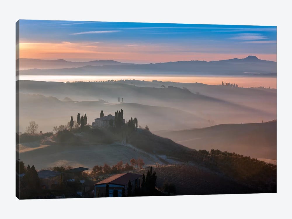 Italy, Val d' Orcia. Il Belvedere farmhouse at sunrise.  by Jaynes Gallery 1-piece Art Print