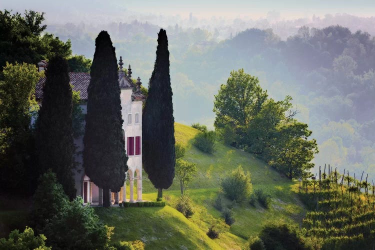 Italy, Veneto, Asolo. Country house and cypress trees. 