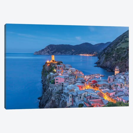 Italy, Vernazza. Sunset on town.  Canvas Print #JYG583} by Jaynes Gallery Canvas Art