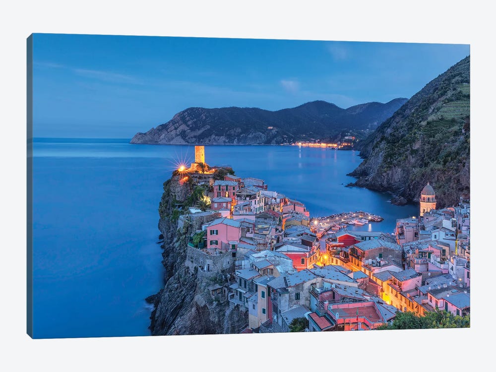Italy, Vernazza. Sunset on town.  by Jaynes Gallery 1-piece Canvas Print