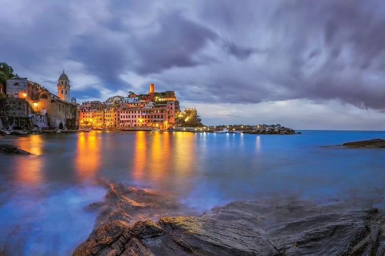 Italy, Vernazza. Sunset on town. 