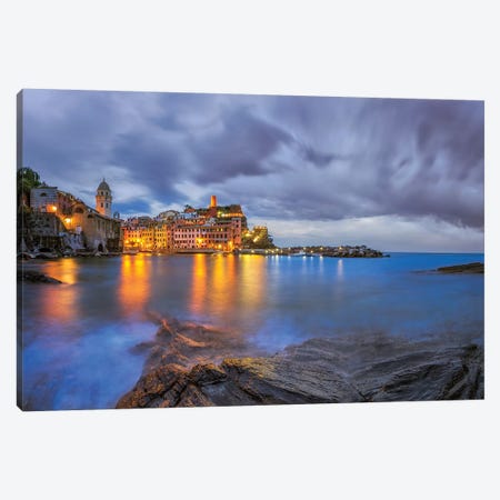 Italy, Vernazza. Sunset on town.  Canvas Print #JYG584} by Jaynes Gallery Art Print