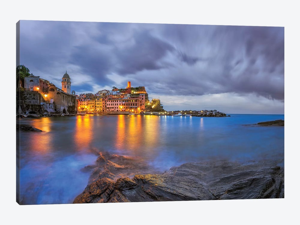 Italy, Vernazza. Sunset on town.  by Jaynes Gallery 1-piece Canvas Artwork