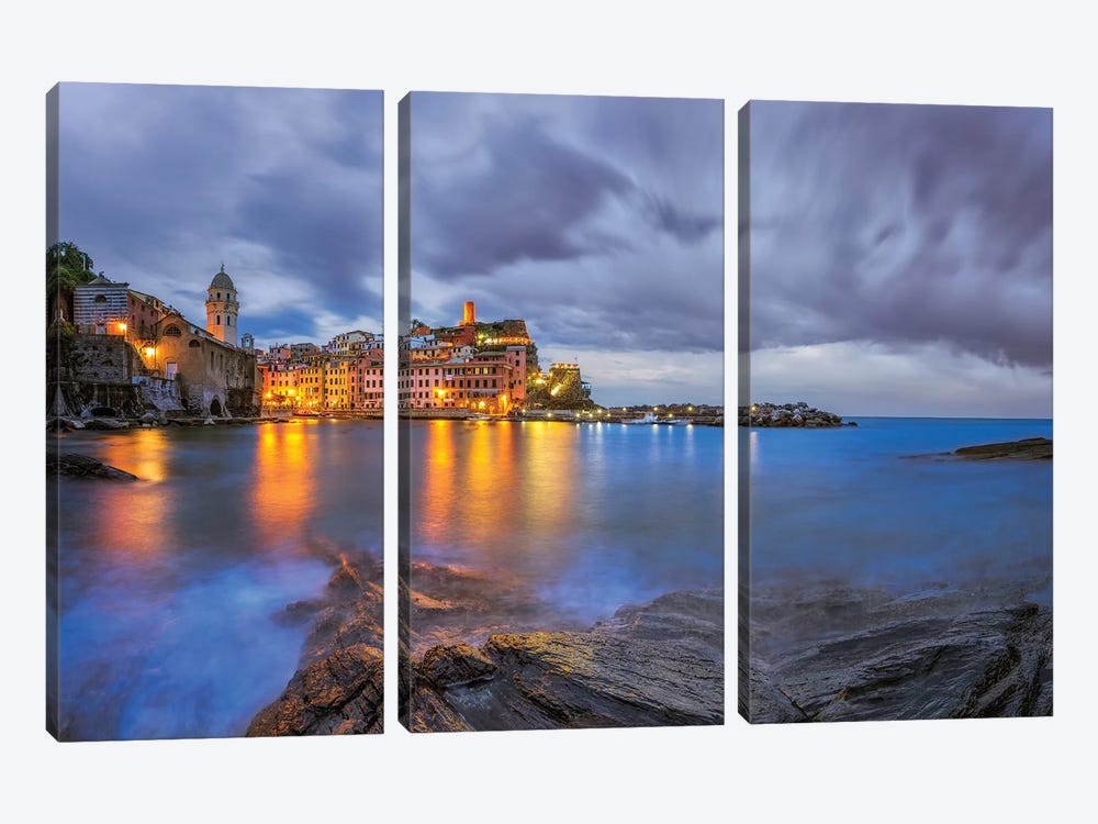 Italy, Vernazza. Sunset on town.  by Jaynes Gallery 3-piece Canvas Wall Art