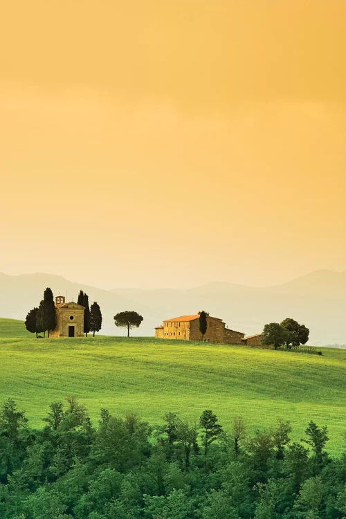 Italy, Tuscany. Landscape with church and villa.