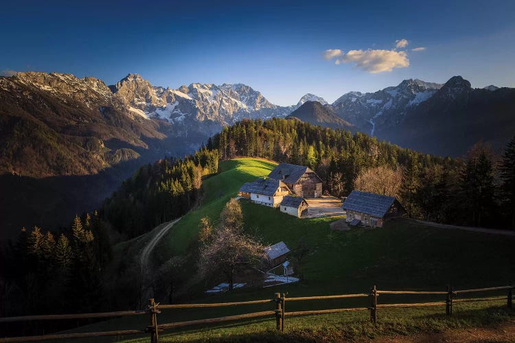 Slovenia, Logarska Dolina. Mountain farm houses at sunset.  by Jaynes Gallery wall art