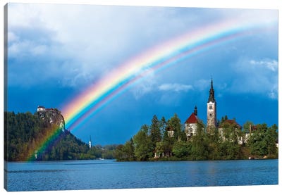 Slovenia. Rainbow over Lake Bled at sunset.  Canvas Art Print - Rainbow Art