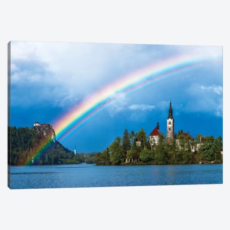 Slovenia. Rainbow over Lake Bled at sunset.  Canvas Print #JYG596} by Jaynes Gallery Canvas Artwork