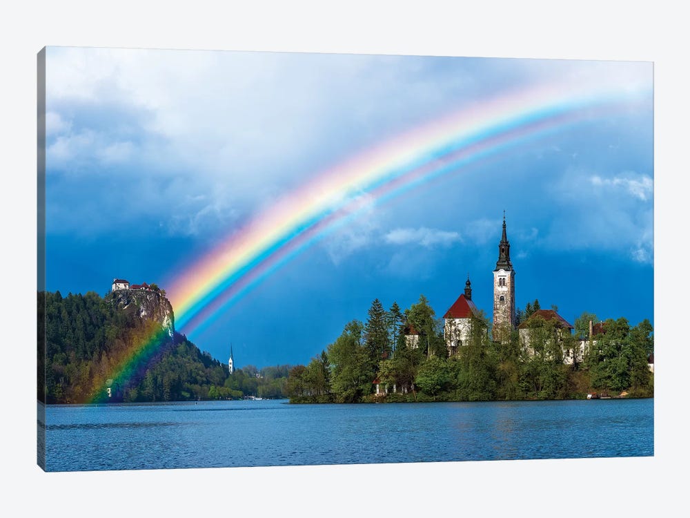 Slovenia. Rainbow over Lake Bled at sunset.  by Jaynes Gallery 1-piece Canvas Art Print