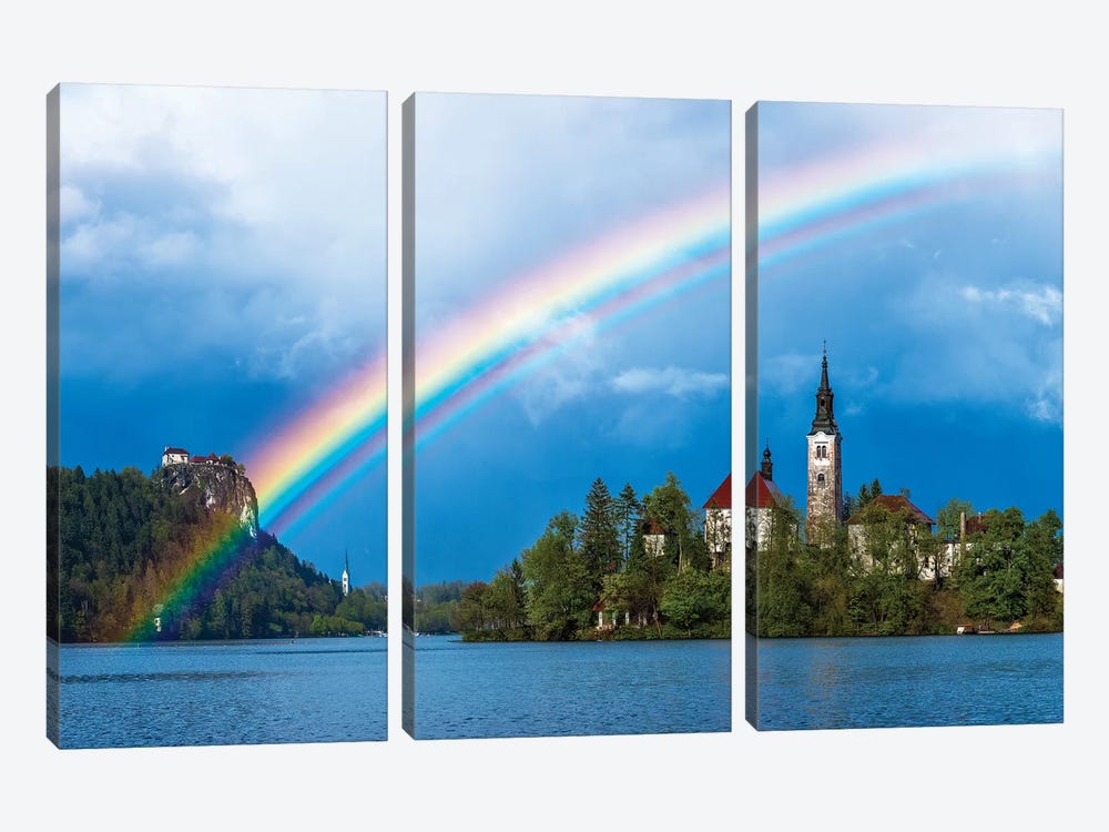 Slovenia. Rainbow over Lake Bled at sunset.  by Jaynes Gallery 3-piece Canvas Art Print
