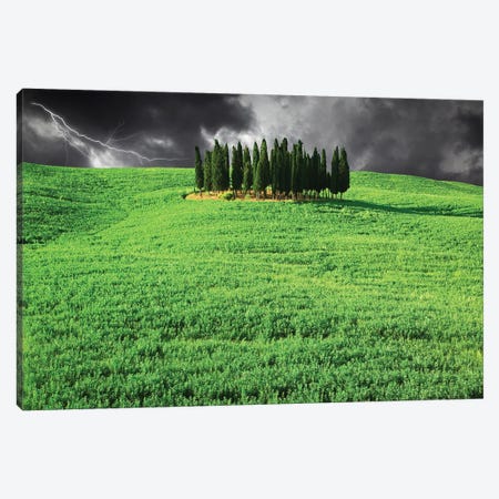 Italy, Tuscany. Lightning behind cypress trees on hill Canvas Print #JYG60} by Jaynes Gallery Canvas Wall Art