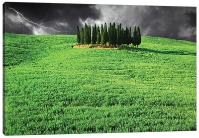 Italy, Tuscany. Lightning behind cypress trees on hill Canvas Art Print - Weather Art