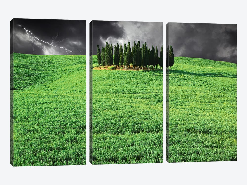 Italy, Tuscany. Lightning behind cypress trees on hill by Jaynes Gallery 3-piece Canvas Print