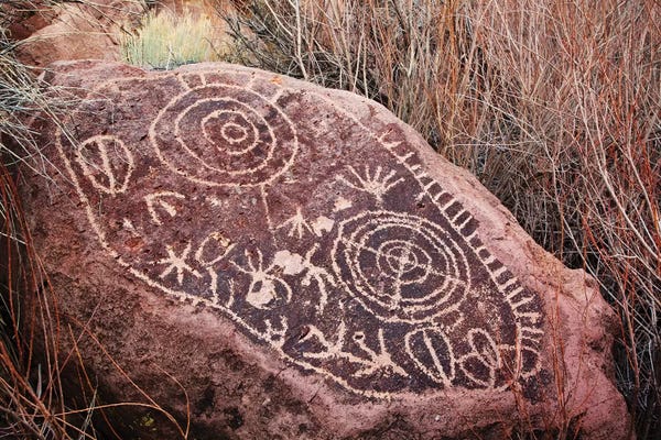 Jaynes Gallery: USA, California, Owens Valley. Petroglyphs covering boulder. by Jaynes Gallery