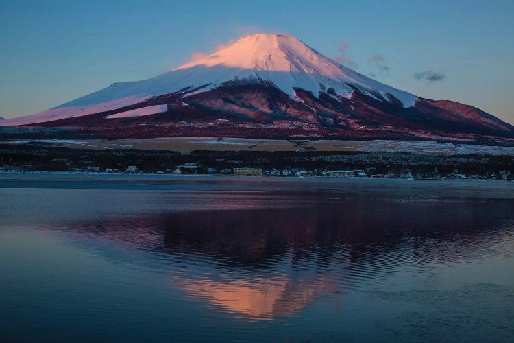 Japan, Honshu Island. Mt. Fuji and lake at sunrise.