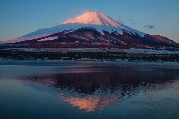 Snowy Mountains: Japan, Honshu Island. Mt. Fuji and lake at sunrise. by Jaynes Gallery
