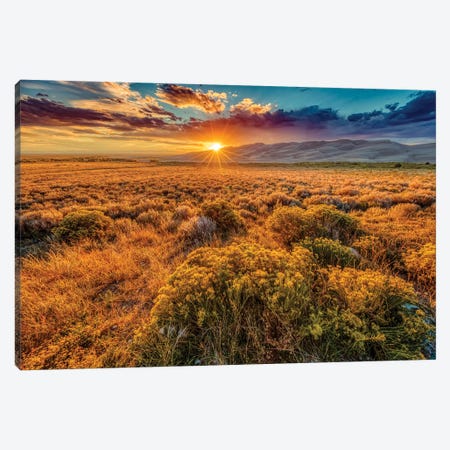 USA, Colorado, Great Sand Dunes National Park and Preserve. Sunset over dunes and plain. Canvas Print #JYG646} by Jaynes Gallery Canvas Wall Art