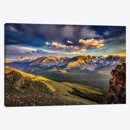 USA, Colorado, Rocky Mountain National Park. Mountain and valley landscape at sunset. Canvas Print #JYG649} by Jaynes Gallery Art Print