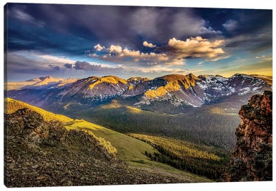 USA, Colorado, Rocky Mountain National Park. Mountain and valley landscape at sunset. Canvas Art Print - Colorado Art