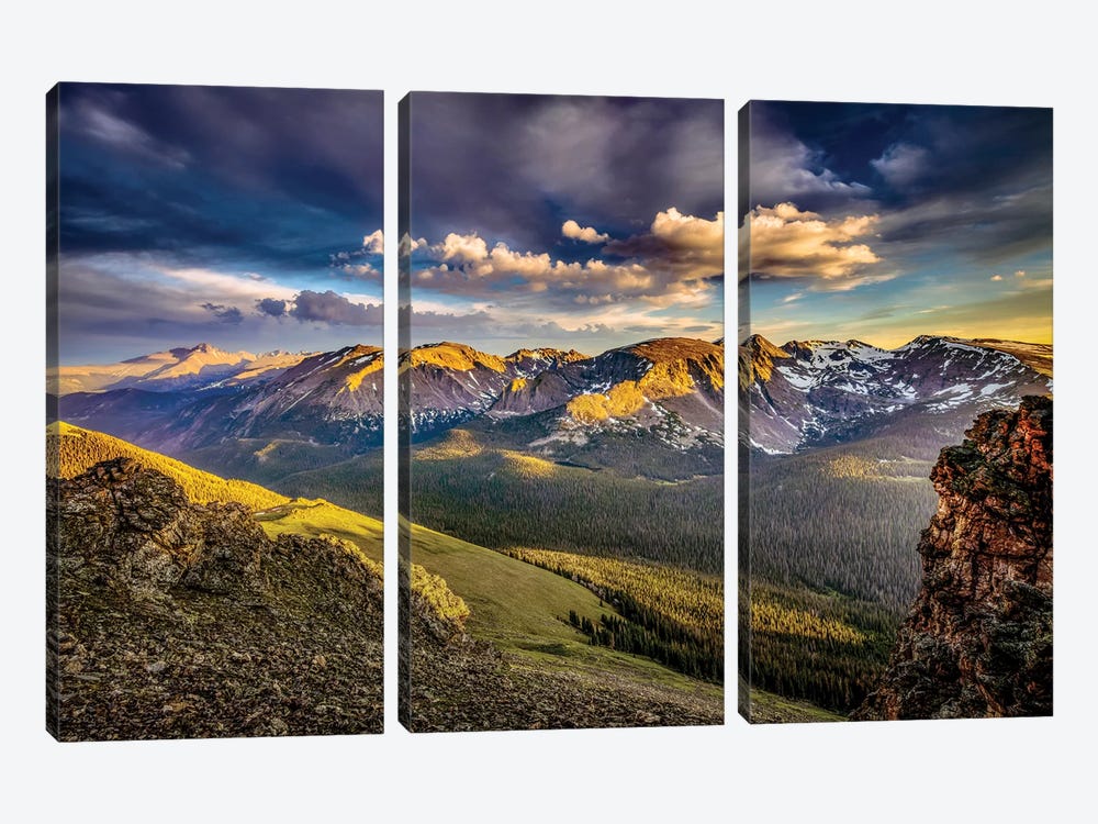 USA, Colorado, Rocky Mountain National Park. Mountain and valley landscape at sunset. by Jaynes Gallery 3-piece Art Print