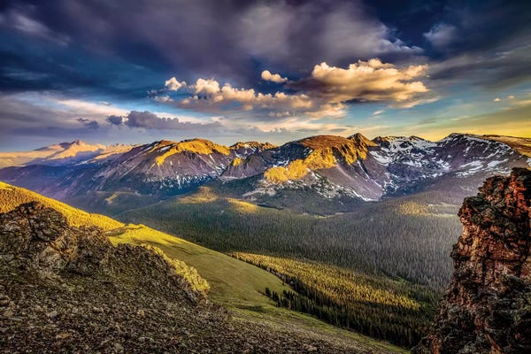 Mountain and valley landscape at sunset. USA, Colorado, Rocky Mountain National Park.