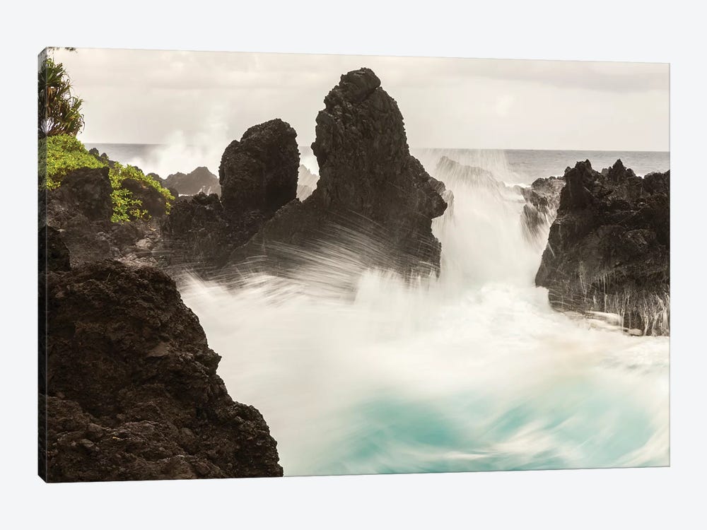 USA, Hawaii, Laupahoehoe Beach Point State Park. Crashing waves on shore rocks. by Jaynes Gallery 1-piece Art Print