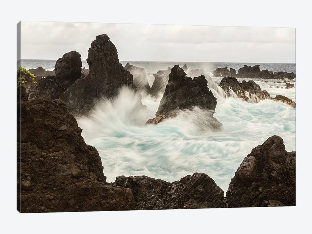 USA, Hawaii, Laupahoehoe Beach Point State Park. Crashing waves on shore rocks. by Jaynes Gallery 1-piece Canvas Artwork