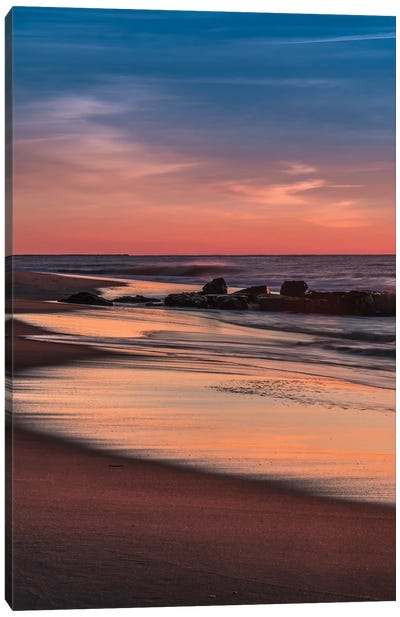 USA, New Jersey, Cape May National Seashore. Sunrise on winter shoreline.  Canvas Art Print - Jaynes Gallery