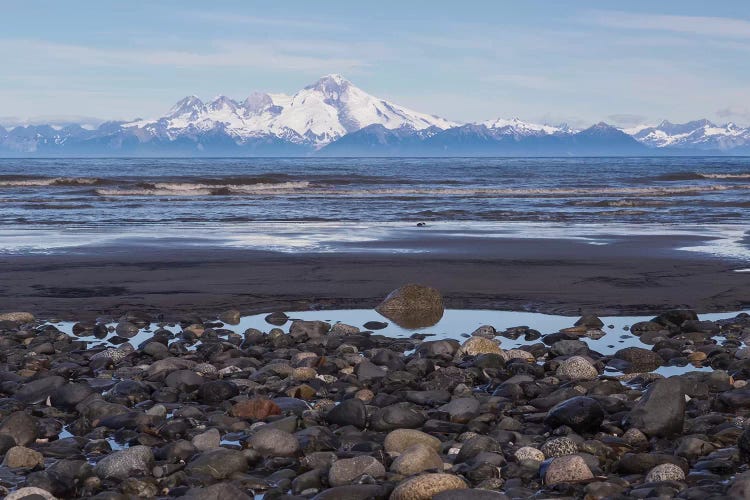 USA, Alaska, Kenai Peninsula. Seascape with Mount Redoubt and beach.