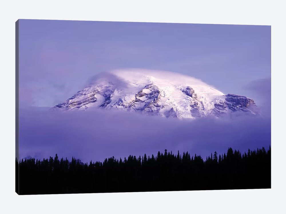 USA, Washington, Mt. Rainier National Park. Clouds on Mt Rainier and forest silhouette. by Jaynes Gallery 1-piece Canvas Wall Art