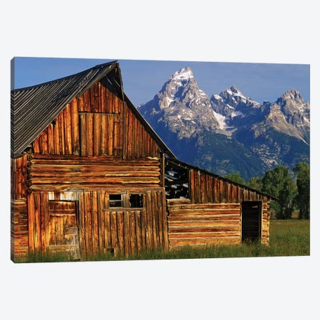 USA, Wyoming, Grand Teton National Park. Barn along Mormon Row and Grand Teton Mountains. Canvas Print #JYG797} by Jaynes Gallery Canvas Art