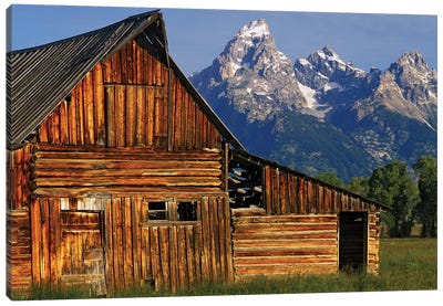 USA, Wyoming, Grand Teton National Park. Barn along Mormon Row and Grand Teton Mountains. Canvas Art Print - Wyoming Art