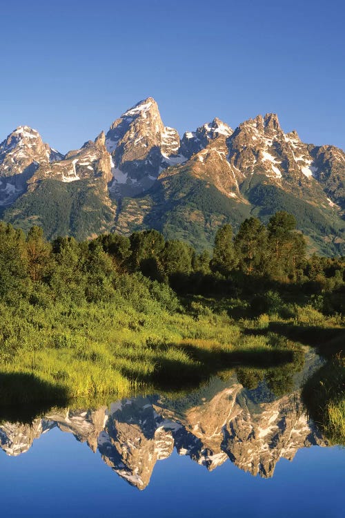 USA, Wyoming, Grand Teton National Park. Grand Tetons reflect in Snake River.