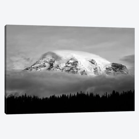 Washington, Mt. Rainier NP. Black and white of clouds on Mt Rainier and forest silhouette. Canvas Print #JYG805} by Jaynes Gallery Canvas Wall Art