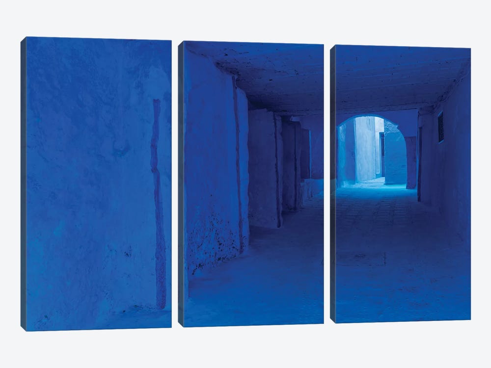 Africa, Morocco, Chefchaouen. Blue-Painted Alley. by Jaynes Gallery 3-piece Art Print