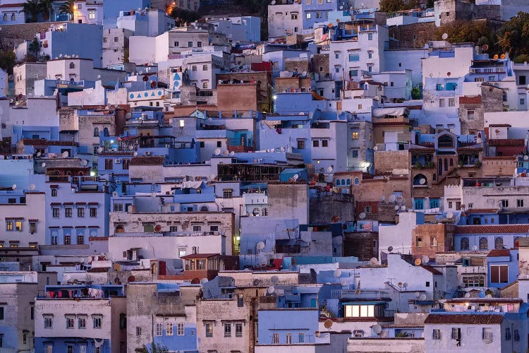 Africa, Morocco, Chefchaouen. Overview Of Town At Twilight.