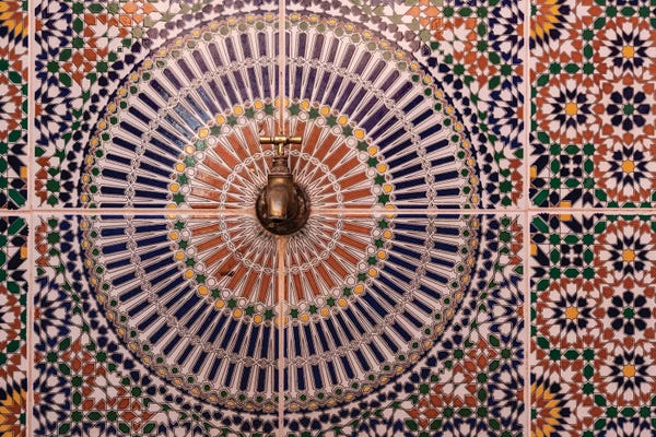 Moroccan Culture: Africa, Morocco. Close-Up Of Tile Design Patterns Around Faucet. by Jaynes Gallery