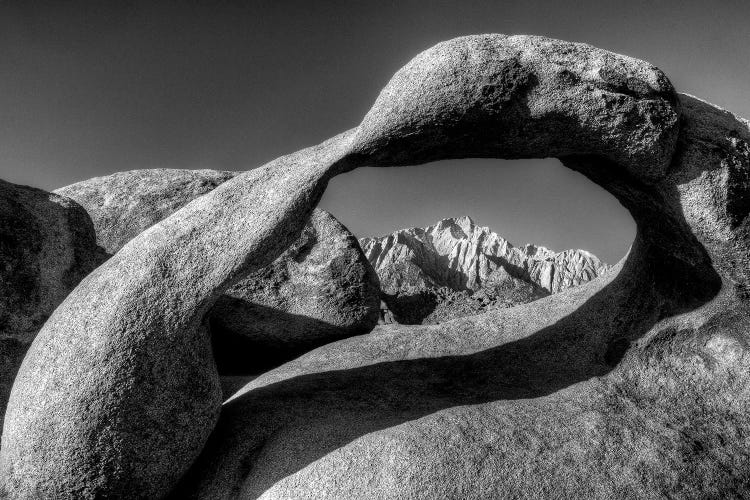 USA, California, Alabama Hills. Black and white of Mobius Arch at sunrise.